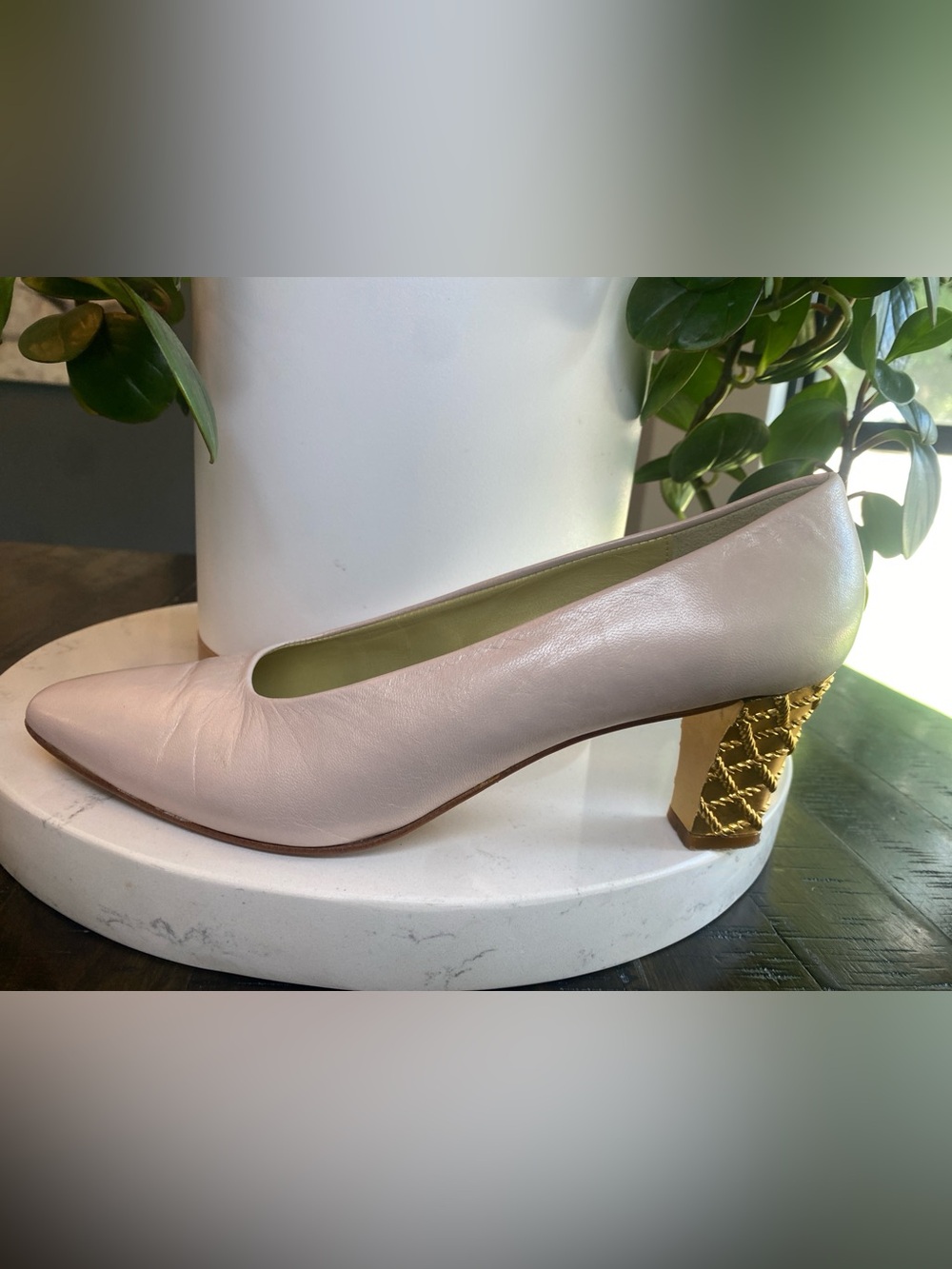 Norma B Blush Pink Leather Pump Gold Quilted Block Heel Size 8 Vtg Spain 2.5in - Picture 6 of 12